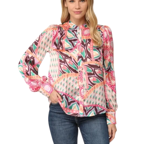 Fate Blouse Patterned Silky Button Up White/Green/Pink Sz S - Picture 6 of 7